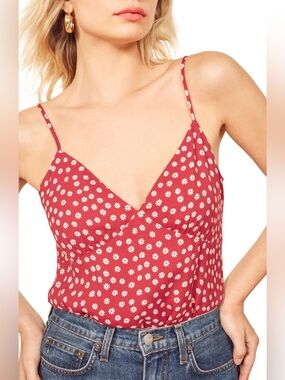 Reformation Lorenza Camisole Red Daisy Print Spaghetti Strap Cami Top $80